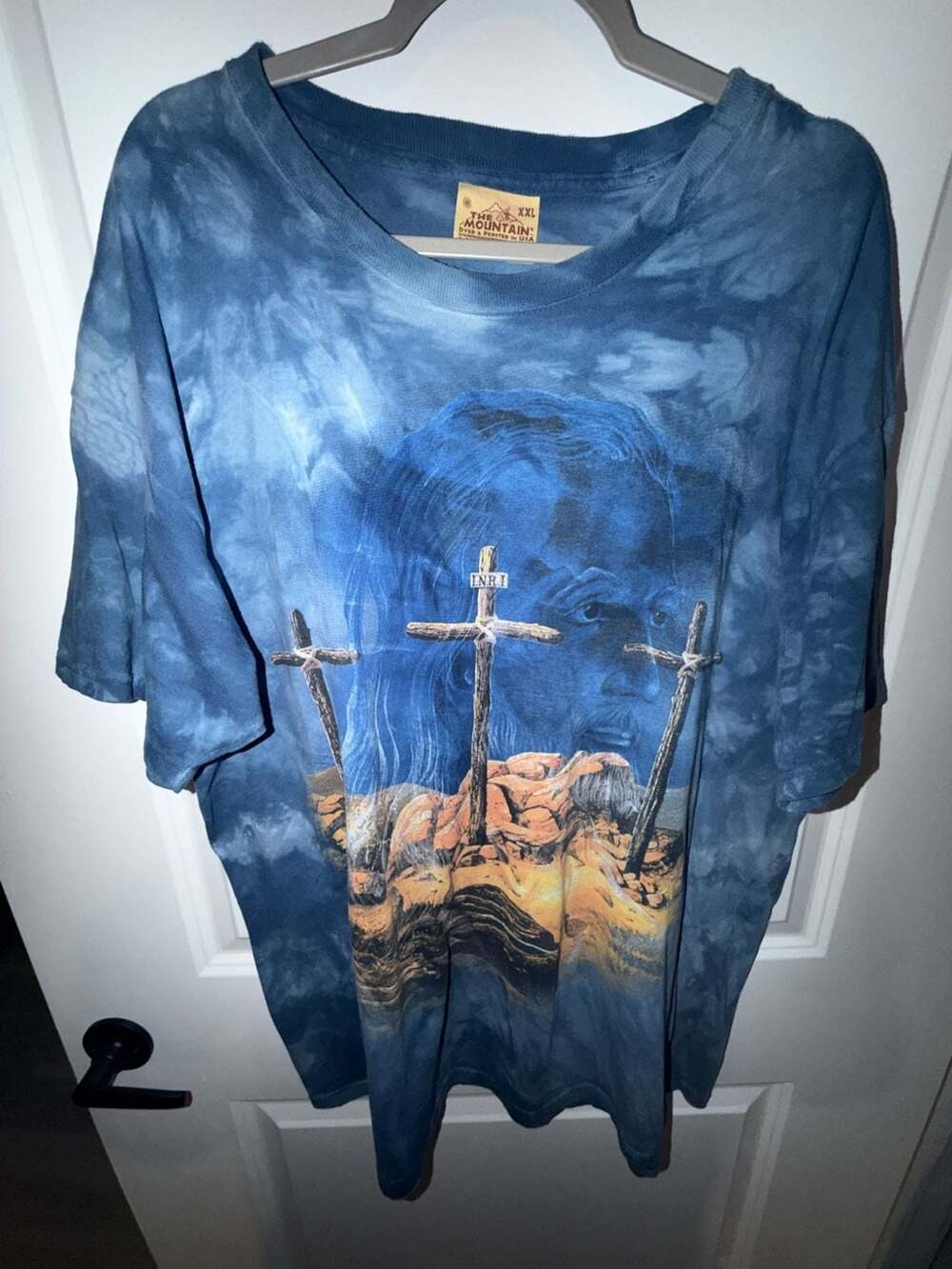 The Mountain Jesus Three Crosses T-Shirt Size XXL Blue Tie-Dye